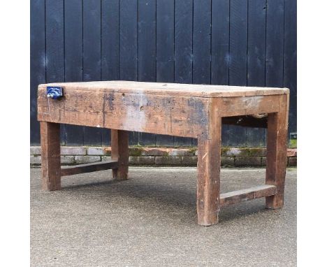 A hardwood workshop work bench, with vice150w x 77d cm