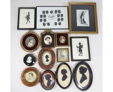 A collection of early 20th century and later silhouettes and miniature portraits, largest print 16 x 20cm