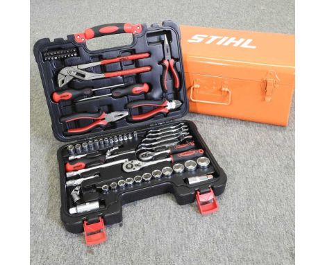 A 65 piece tool kit, together with a toolbox, with label for Stihl (2)toolbox 46w x 26d x 21h cm
