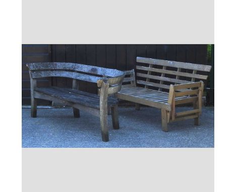 A hardwood garden bench, together with a slatted wooden bench, with drop ends (2)170 &amp; 160cm wideCondition report: Both t