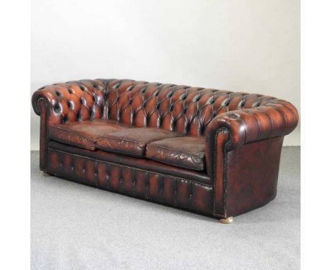 A red leather upholstered button back chesterfield sofa200w x 96d x 73h cm