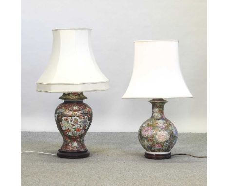 A large oriental pottery table lamp and shade, 75cm high overall, together with another smaller (2)