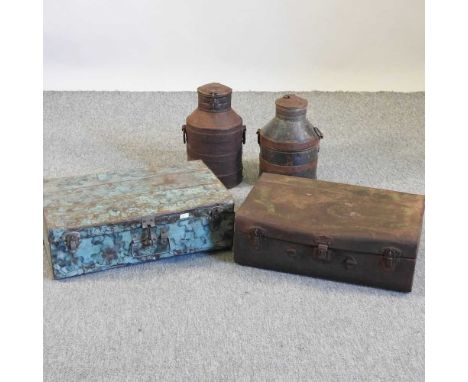 A vintage style metal suitcase, together with another and two decorative metal milk churns (4)Largest suitcase 47w x 29d x 14