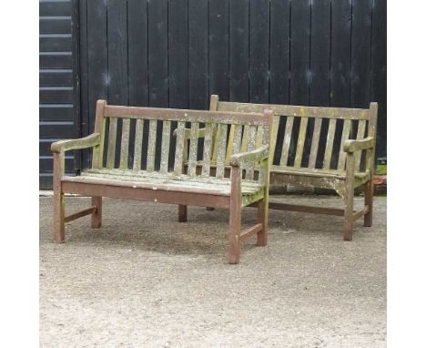 A teak slatted garden bench, together with another (2)Largest 120w x 60d x 82h cmCondition report: One has large split and lo