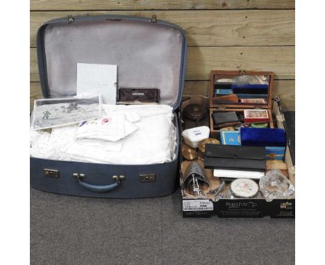 An early 20th century steel draughtsman's drawing set, cased, together with a photograph of the moon landing, various boxes a