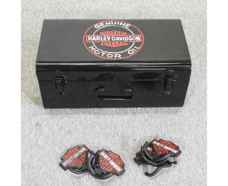 A set of six metal Harley Davidson style hooks, together with a tool box