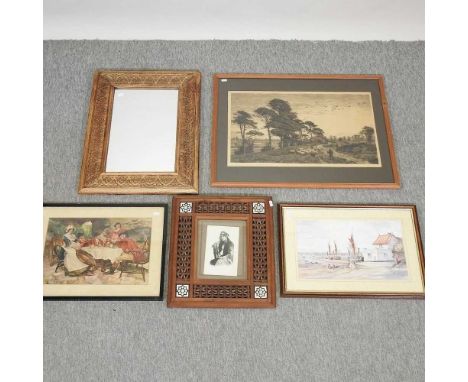 A collection of pictures and prints, to include a portrait in an ornate Indian frame (5)