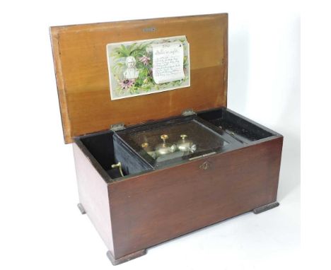 A 19th century Swiss musical box, playing eight airs on three bells48w x 27d x 22h cmCondition report: It winds and plays as 