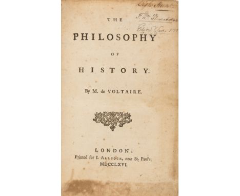 Voltaire (François Marie Arouet de) The Philosophy of History, first edition in English, copy belonging to Leigh Hunt, ink ow