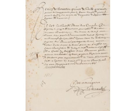 Henri II de Bourbon (Prince of Condé, 1588-1646) Order signed, D.s. "Henry de Bourbon", 1p., manuscript in French, folds, bro