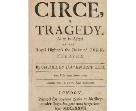 Davenant (Charles) Circe, a Tragedy, first edition, with final Epilogue/advertisement leaf, lightly browned, cropped shaving 
