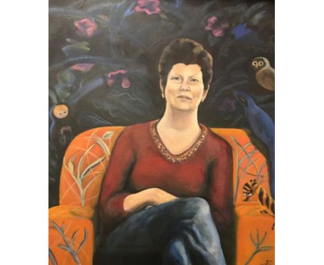 SARAH DIXON “Louise Hirst seated in an orange armchair, an owl and miner bird at her shoulder”, a portrait study, oil on canv