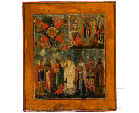 Dreifelderikone, Russland, 19. Jhdt.    Holztafel mit zwei profilierten Rückseiten-Sponki (einer verloren). Flaches Kowtscheg