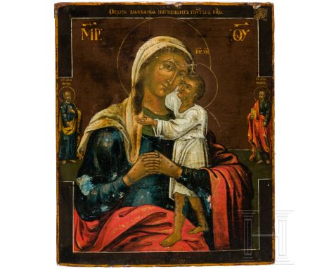 Ikone mit der Gottesmutter "Auffindung der Verunglückten", Russland, 19. Jhdt.   Holztafel mit zwei Stirnseiten-Soonki. Ölmal