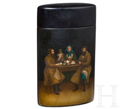 Lacktabatiere mit bäuerlicher Szene, Russland, Ostaschkowo, Osip Wischnjakow und Söhne, 1882 - 1885  Papiermaché, Schwarzlack