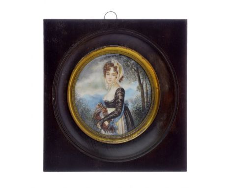 19th Century French School - Circular miniature - Three quarter length portrait of a lady wearing a lace cap and holding a ly