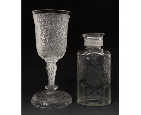 Crackle glass goblet standing on a hexagonal opaque twist stem, 21cm high, together with a Continental glass decanter decorat