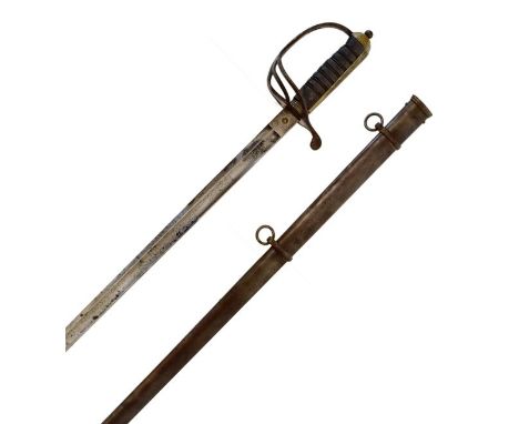 George V 1821 pattern sword with three bar steel basket hilt, wire-bound sharkskin grip and straight single edged blade 34" w