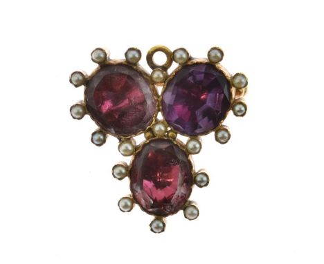 Victorian brooch, unmarked, of trefoil design with foil backed stones and pearl (untested and unwarranted) points, 2.8cm long