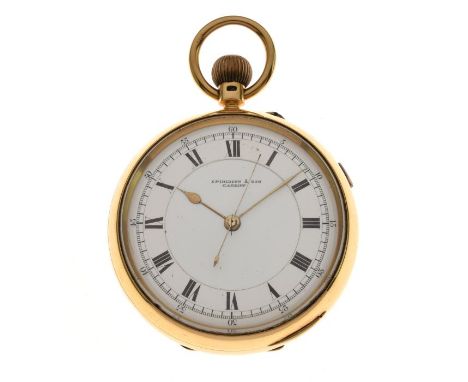 Edward VII 18ct gold open faced pocket watch, with stopwatch action, Spiridion &amp; Sons, Cardiff, the white enamel dial wit