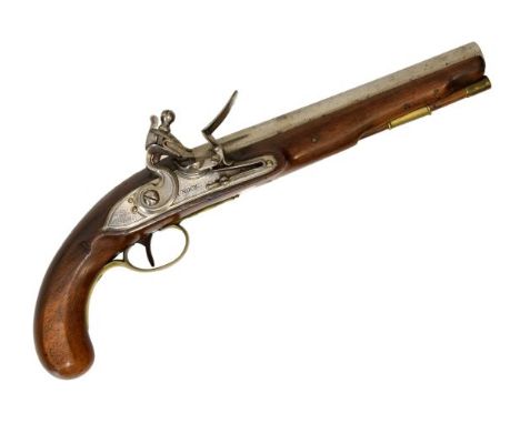English full stocked flintlock holster pistol, early 19th Century, signed H. Nock, the round steel barrel 9" with English pro