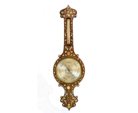 Mid Victorian inlaid rosewood wheel or banjo barometer, F. Walker, London, the 24cm silvered dial reading from 28" to 31" of 