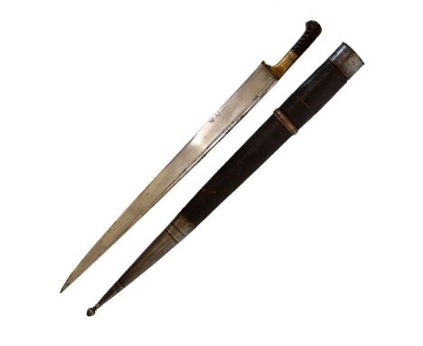 19th Century Afghan Kyber knife, single edged 'T' backed blade 23" with single back fuller, ribbed horn grip with brass bolst