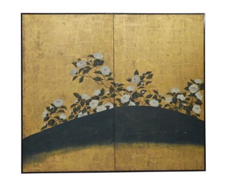 Oriental painted and gilded two-fold dressing screen or room divider, decorated with blossoming foliage on a hillside against