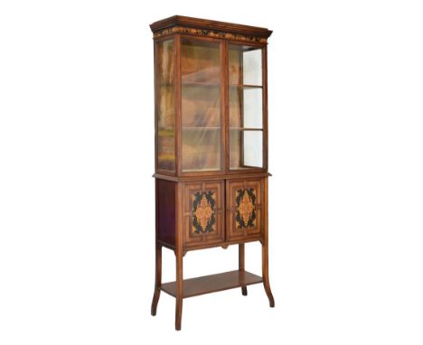 Late Victorian/Edwardian inlaid mahogany two-stage display cabinet, the upper stage with moulded cornice over an unusual frie