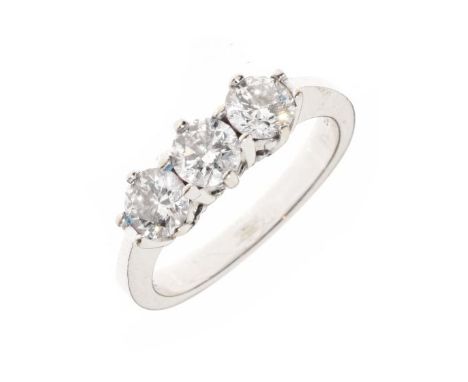 Three stone diamond 18ct white gold ring, the uniform brilliant cuts totalling approximately 0.8 carats, size L, 4.2g gross  