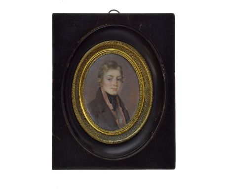 Attributed to Jean Desire Muneret (French fl.1804-1814) - Oval miniature - Portrait of a young man wearing a high collared ja