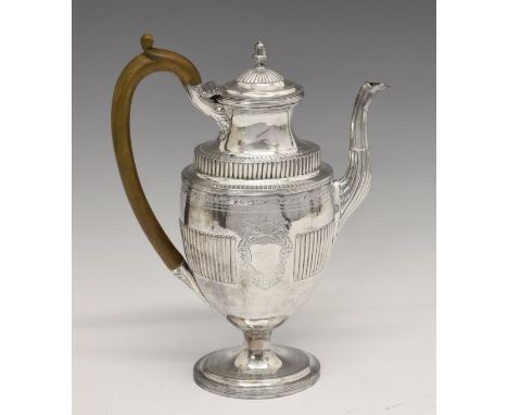 George III silver pedestal coffee pot of oval urn shaped form, the domed cover with acorn finial, the body with a reeded band