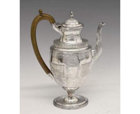 George III silver pedestal coffee pot of oval urn shaped form, the domed cover with acorn finial, the body with a reeded band