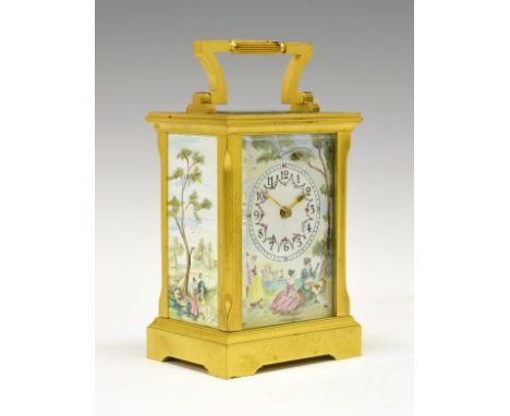 20th Century lacquered brass and enamel carriage clock, Deacon, Swindon, the Arabic dial decorated with courting scene couple
