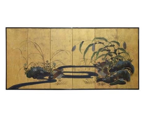 20th Century Oriental panel of six sections painted with quail beside a stream amongst foliage against a gold leaf backdrop w