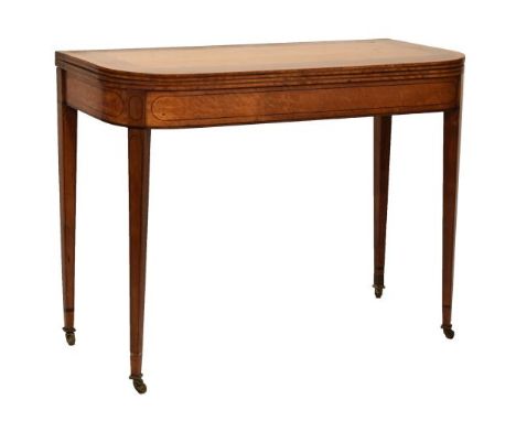 Early 19th Century inlaid satinwood fold-over card table, the D-shaped top with broad rosewood crossbanded border framed by e