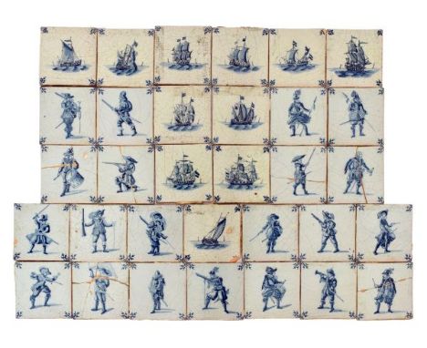 Collection of thirty-three 19th Century Dutch Delft blue and white painted tiles, comprising: twenty-one decorated with soldi