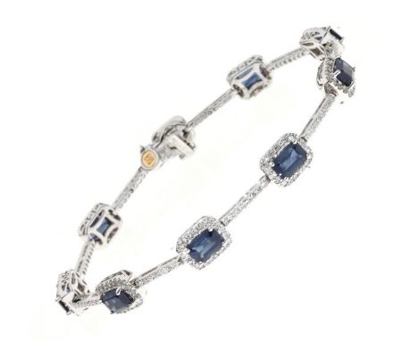 Sapphire and diamond 18ct white gold bracelet, the nine rectangular clusters with diamond set batons between, 17.5cm long, 13