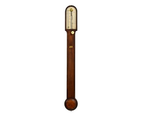 19th Century mahogany-cased stick barometer, Dollond, London, having an arched silvered scale reading from 27" to 31" of pres