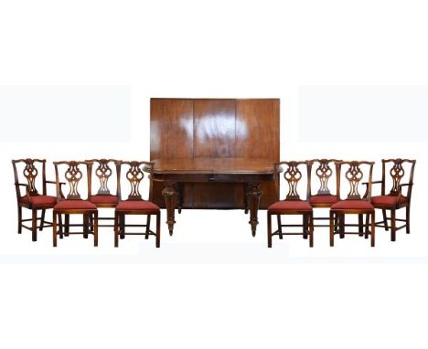 Victorian mahogany wind-out extending dining table, the rounded oblong top with moulded edge opening via crank handle on pate