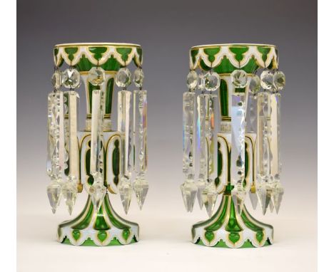 Pair of 19th Century white and gilt overlaid green glass lustre drop candlestick vases, probably Bohemian, 32.75cm high  Cond