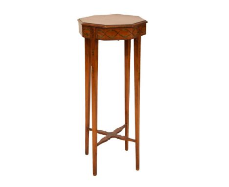 Edwardian painted satinwood octagonal occasional table or stand, the moulded top with central circular portrait of a female f