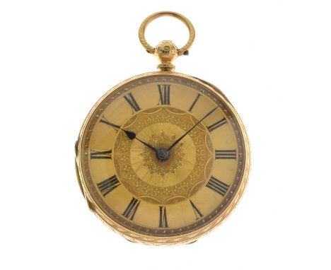 George V 18ct gold open faced fob watch, the gilt Roman dial with engraved centre, engraved rear door enclosing back-wind mov