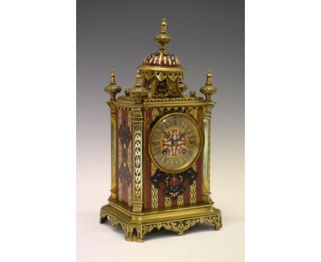 Late 19th Century French brass and champlevé enamel mantel clock, the 7cm Roman dial with inlaid star to centre, the two-trai