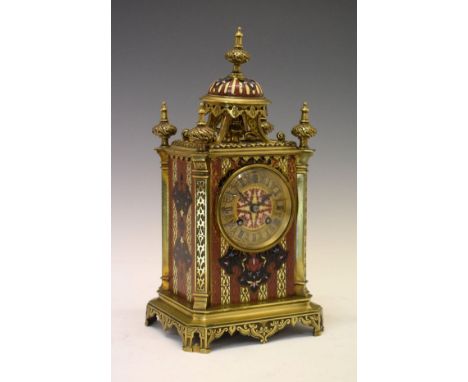 Late 19th Century French brass and champlevé enamel mantel clock, the 7cm Roman dial with inlaid star to centre, the two-trai