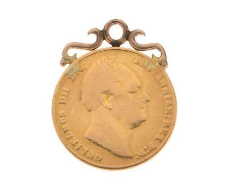 Gold Coins - William IV sovereign, 1832, with soldered pendant mount  Condition: General wear to relief; scroll mounted solde