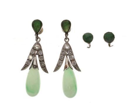 Pair of jade and diamond drop earrings, the tear shaped stone approximately 1.4cm long, to an inverted V shaped diamond set m