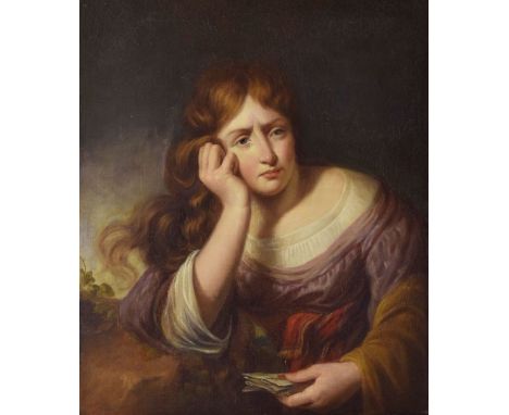 Late 18th Century English School - Oil on canvas - Portrait of a young woman, perhaps an actress, grieving over her lost love