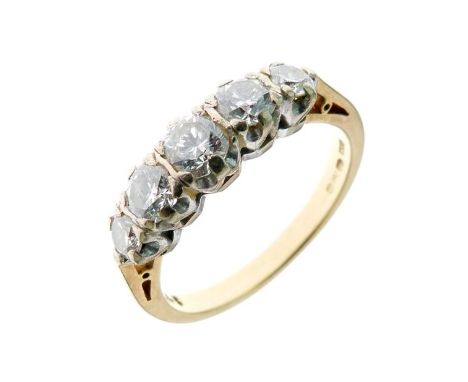 Five stone diamond 18ct gold ring, the graduated brilliant cuts totalling approximately 0.85 carats, size Q, 5.3g gross, case