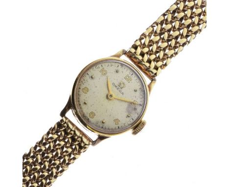 Omega - Lady's 9ct gold cased bracelet wristwatch, the silvered dial with Arabic numerals, the unassociated fancy link bracel